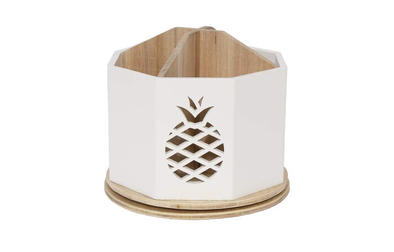 Designstyles Spinning Desktop Stationary Organizer â€“ Decorative Wooden Rotating Pen and Pencil Cup â€“ 4 Compartment White Desk and Table Top Office Supplies Station with Pineapple Cutout - by Designstyles - Image 1